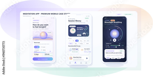 Premium mobile case study for meditation app showcases user interface and features with interactive design elements