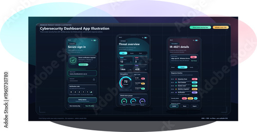 Cybersecurity dashboard app shows user interface for threat monitoring and account access for enhanced security management
