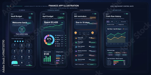 Budget control tool displays features including spending summary, reminders, and cash flow overview during April 2023 financial planning