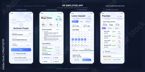 HR employee app interface shows features for announcements, leave requests, and payslips for Northstar Aerospace