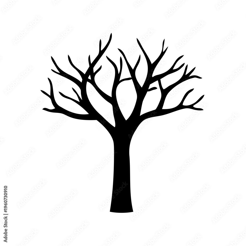 Fototapeta premium A black silhouette of a bare winter tree is presented as a graphic element isolated on a white background for professional design projects.