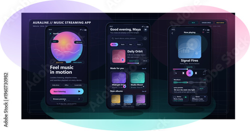 Music streaming app interface showing features like playlists, song recommendations, and current track details