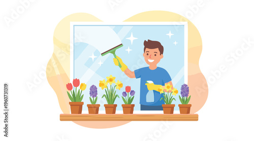 Window Cleaner Washing Glass with Squeegee and Flowers on the Sill