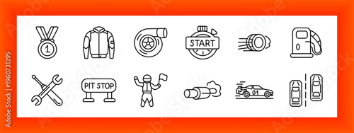 Motorsport racing set icon. Winner medal, racing suit, turbo engine, start signal, speed motion, fuel pump, crossed tools, pit stop sign, flag finish, exhaust smoke, race car, lane overview