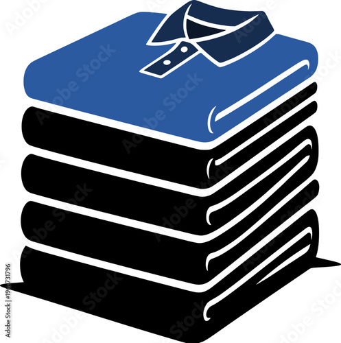 Vector icon of a neat stack of folded clothes with a blue polo shirt on top. Concept for laundry service, fashion, and organization.