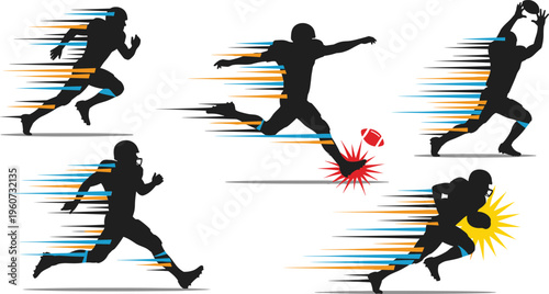 American Football Player Silhouette Action Set with Running Passing Catching and Tackling Dynamic Motion Vector Collection Isolated on White Background