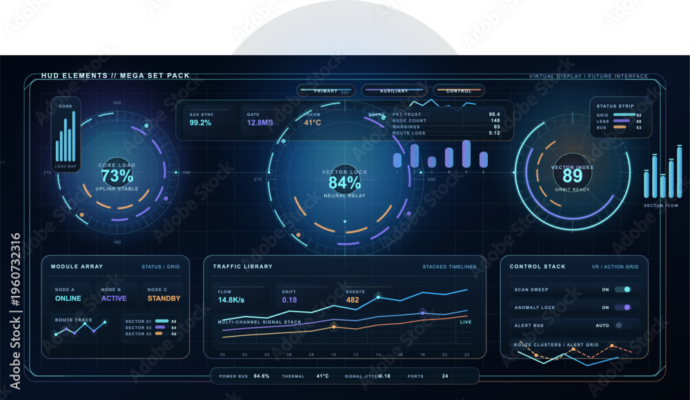 Fototapeta premium A futuristic heads-up display interface featuring various digital