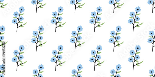 Vector cute seamless pattern with simple blue wildflower sprig on white background. Minimal spring floral print for fabric, wallpaper, wrapping paper, stationery and modern nature decor.