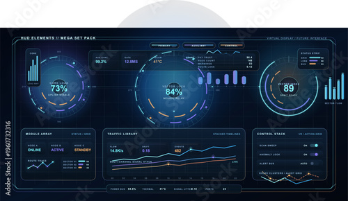 A futuristic heads-up display interface featuring various digital