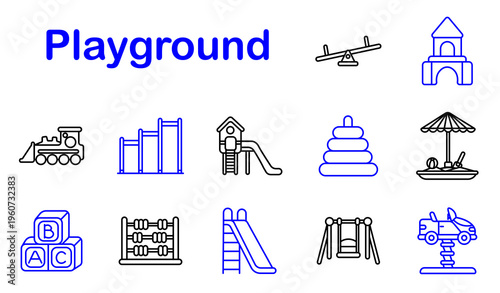 Playground set icon. Seesaw, castle, train, climbing, slide, pyramid, sandbox, blocks, abacus, swing, spring rider, play, childhood, park, activity, fun, kids, outdoor, entertainment