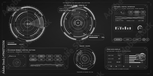 A collection of futuristic HUD elements and digital interfaces