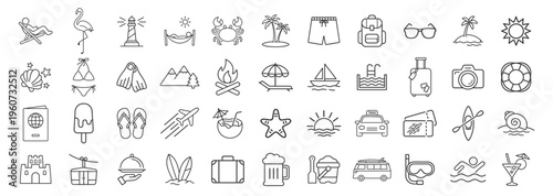 Summer activities beach elements outline icon on transparent background