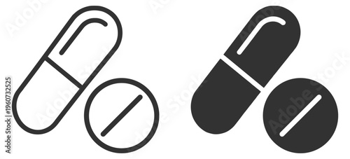 Pill capsule tablet medical drug line icon set on transparent background