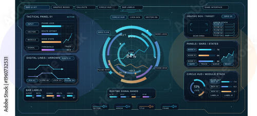 This futuristic HUD UI kit includes various digital data