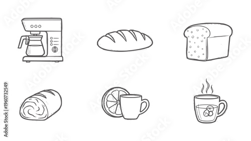 Coffee maker bread loaf sliced bread roll orange slice and hot drink