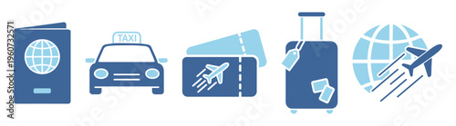 Travel passport taxi flight luggage airplane suitcase trip journey airport on transparent background