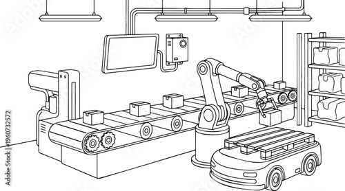 Line art vector of smart factory automation with robotic arm and conveyor belt