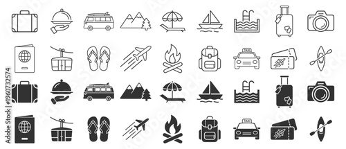 Vacation travel transport tourism outline icon set on transparent background