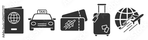 Travel passport taxi ticket luggage filled icon set on transparent background