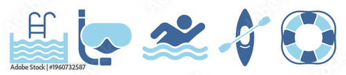 Sport and recreation water icons pool snorkel swim kayak and life ring on transparent background