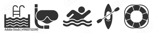 Pool water icon with swimmer snorkel kayak and lifebuoy on transparent background