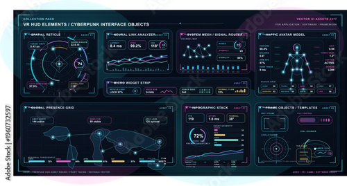A collection of futuristic cyberpunk HUD elements and digital