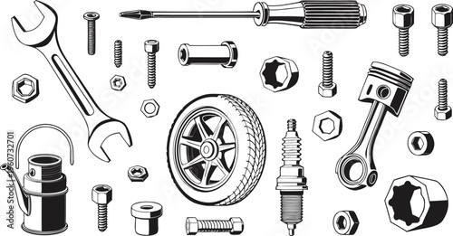 Vintage black silhouette illustration of a construction equipment collection featuring a vector set of repair tools including a wrench, screwdriver, nut, bolt, and musical instrument icons