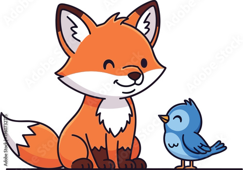 Cute cartoon fox and bird sitting together