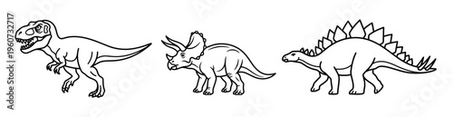 Simple Line Art Drawing of Prehistoric Dinosaur Trio for Coloring