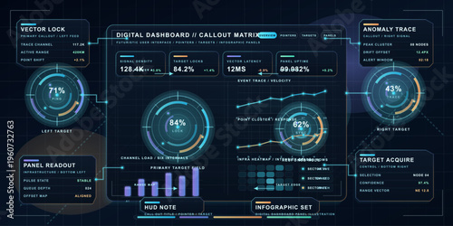 This futuristic HUD interface displays complex data analytics through