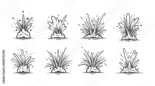 Eight stylized dark grey explosions with smoke and debris white blast burst impact