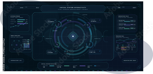 Futuristic digital user interface with circular data visualizations
