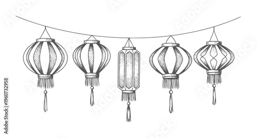 Hand drawn of five hanging lanterns with tassels traditional oriental decoration