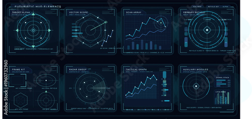 A collection of futuristic heads-up display (HUD) elements featuring