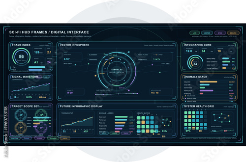 A complex sci-fi digital interface featuring various data