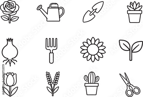 Gardening icons depicting flowers tools and potted plants in a line art style