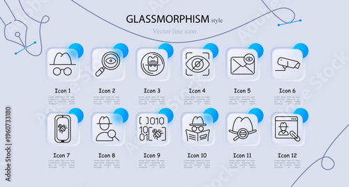 Detective investigation set icon. Hat glasses disguise, magnifier search, suspect interrogation, surveillance scan, secret message, security camera, smartphone virus, private detective