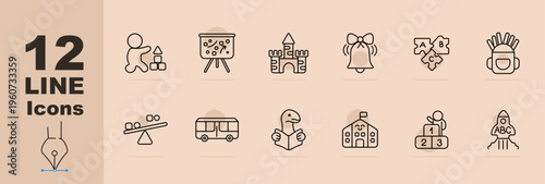 Education school set icon. Line icons with child stacking blocks, board with shapes, castle toy, ringing bell, puzzle pieces letters, backpack, balance scale, school bus, dinosaur reading book