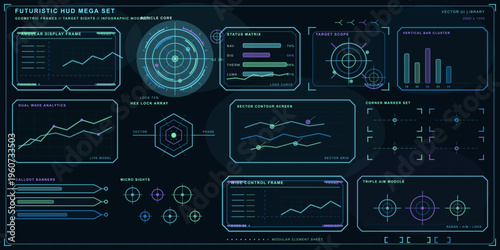 A comprehensive collection of futuristic HUD elements featuring