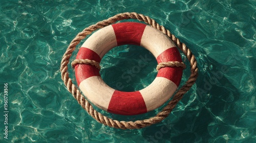 Floating lifebuoy in deep emerald water with rope in minimal composition
