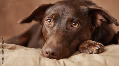 Small brown dog resting comfortably on soft beige background in studio setting
