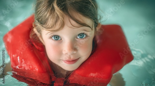 Young child enjoys floating in pool with red life vest under bright sunlight