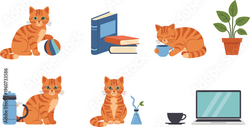 Cute Cat Daily Activities Set with Books Coffee Laptop and Home Objects Cartoon Pet Vector Collection Isolated on White Background