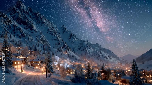 Magical Winter Village Under a Starry Night Sky.