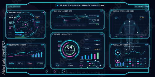 Futuristic sci-fi UI elements and VR HUD collection featuring a