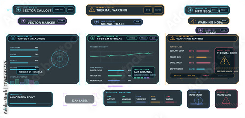 A collection of futuristic HUD interface elements featuring data