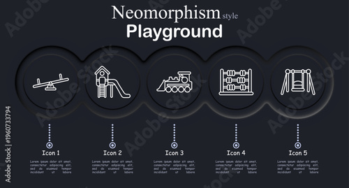 Playground set icon. Neomorphic circular interface line icons with seesaw balance board, slide playground tower ladder, toy train locomotive, abacus counting frame, swing seat frame