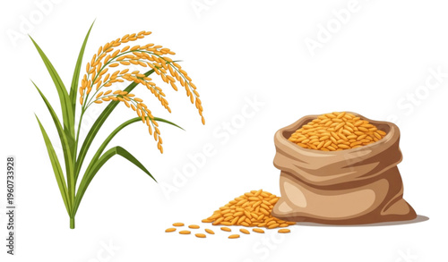A vector graphic illustration of a rice plant and a burlap sack of rice grains