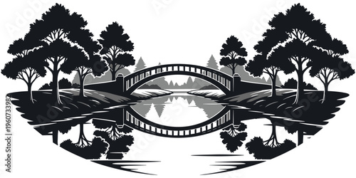 Arched bridge landscape silhouette, black and white nature scene, calm river reflection design, tranquil environment artwork, flat vector illustration