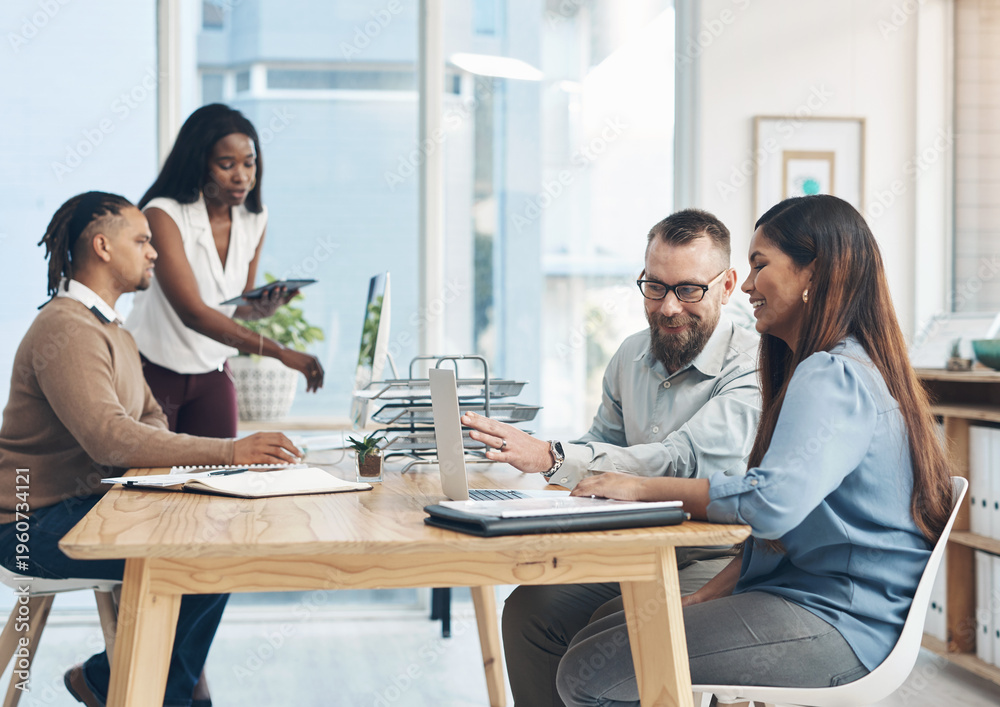 Fototapeta premium Laptop, talking and team with business people in office for digital report, media review and research. Online campaign planning, collaboration and marketing feedback with employees in agency